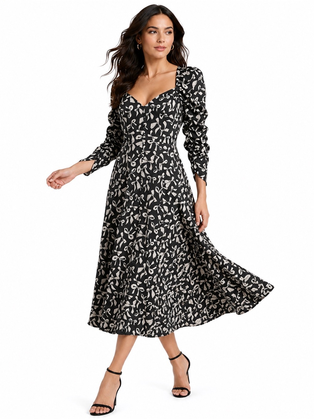 For Love & Lemons Angelica Fit Flare Bow Print Midi Dress Black XS NEW